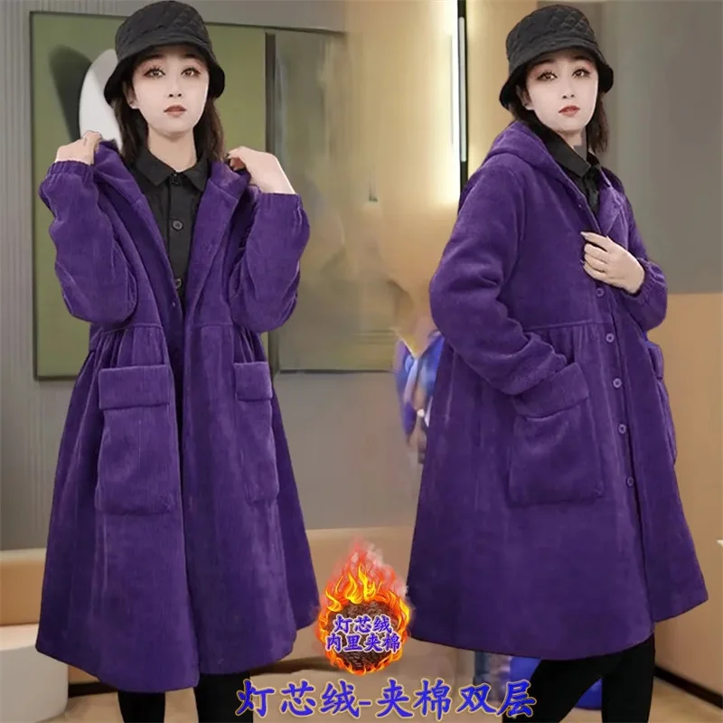 Fashion Purple Winter Coat Female 2023 New Women\'s Cotton Clip Corduroy Cotton Clothes Mid-Length Hooded High End Trench Coat