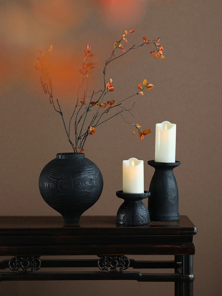 Daxiang lotus, wabi-sabi wind charcoal-fired wood, carbonized wood vase ornament, model room homestay soft decoration