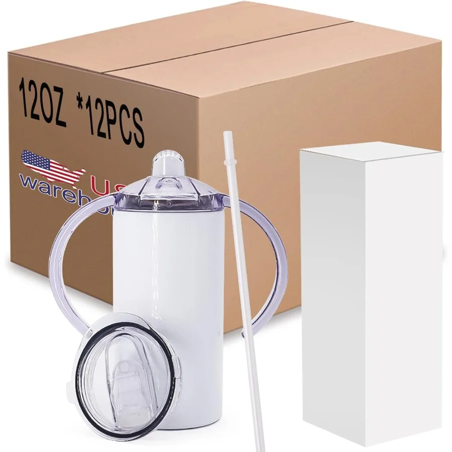 

12Pack 12 Oz Sublimation Blanks Tumbler Skinny Straight Sippy Cup With Handles Toddler Cups Insulated With Splash-Proof Lid Sha