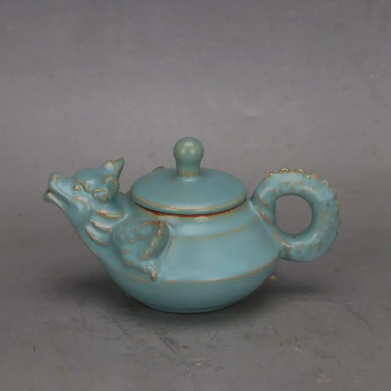 Song Dynasty Style Ru Ware Blue Glaze Dragon Handle Mythical Beast Pot Antique Replica Home Decor Collection
