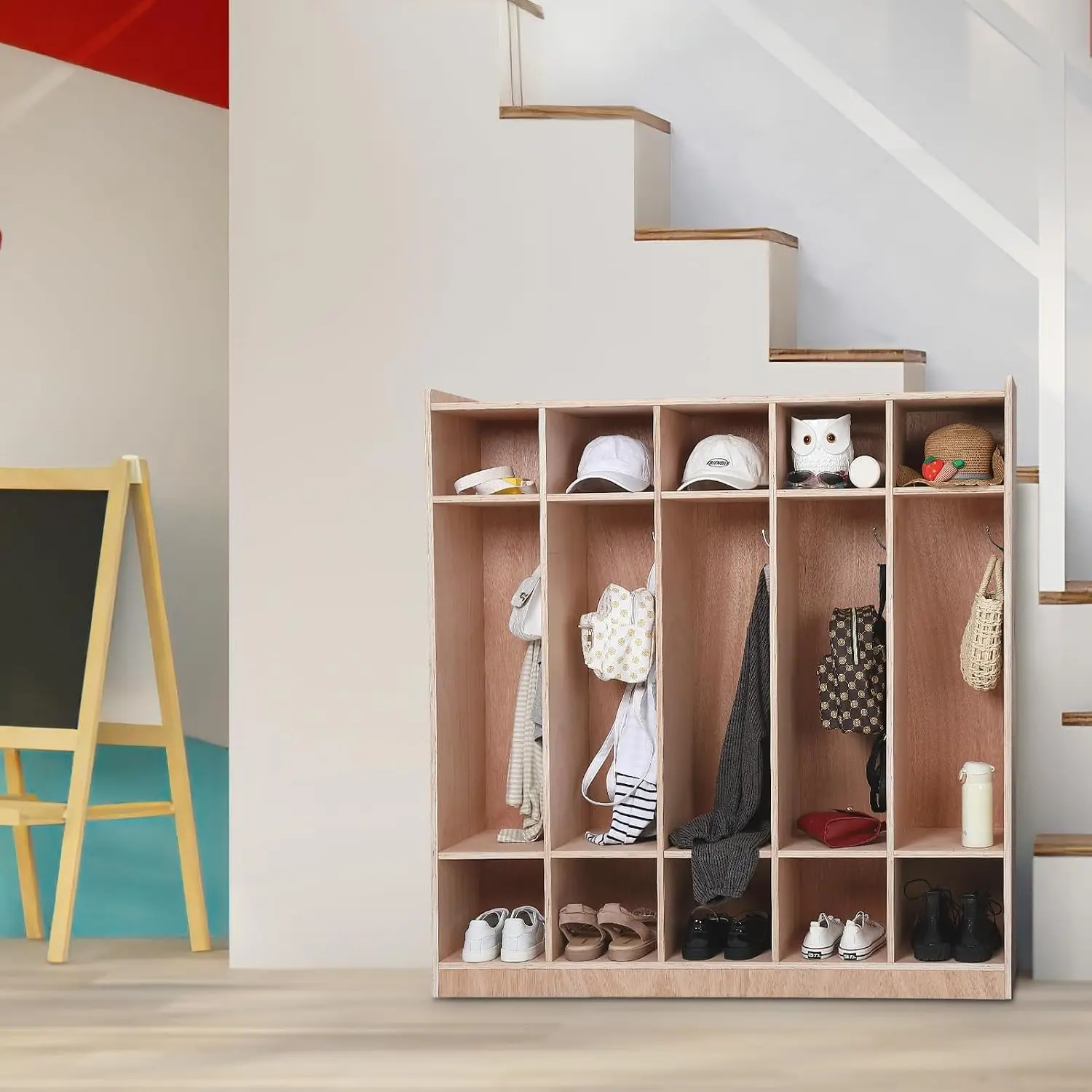 5-Section Classroom Coat Locker with 10 Cubbies, Wheeled Daycare Cubbies with 5 Hooks & 2 Storage Boxes, Customized