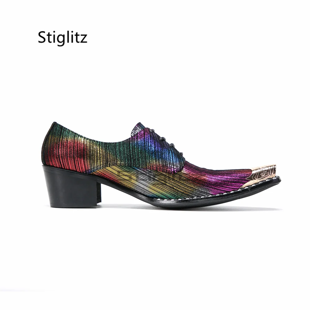Rainbow Striped Block Heel Derby Shoes for Men Metal Pointed Toe Lace Up Dress Party Stage Performance Wedding Leather Shoes
