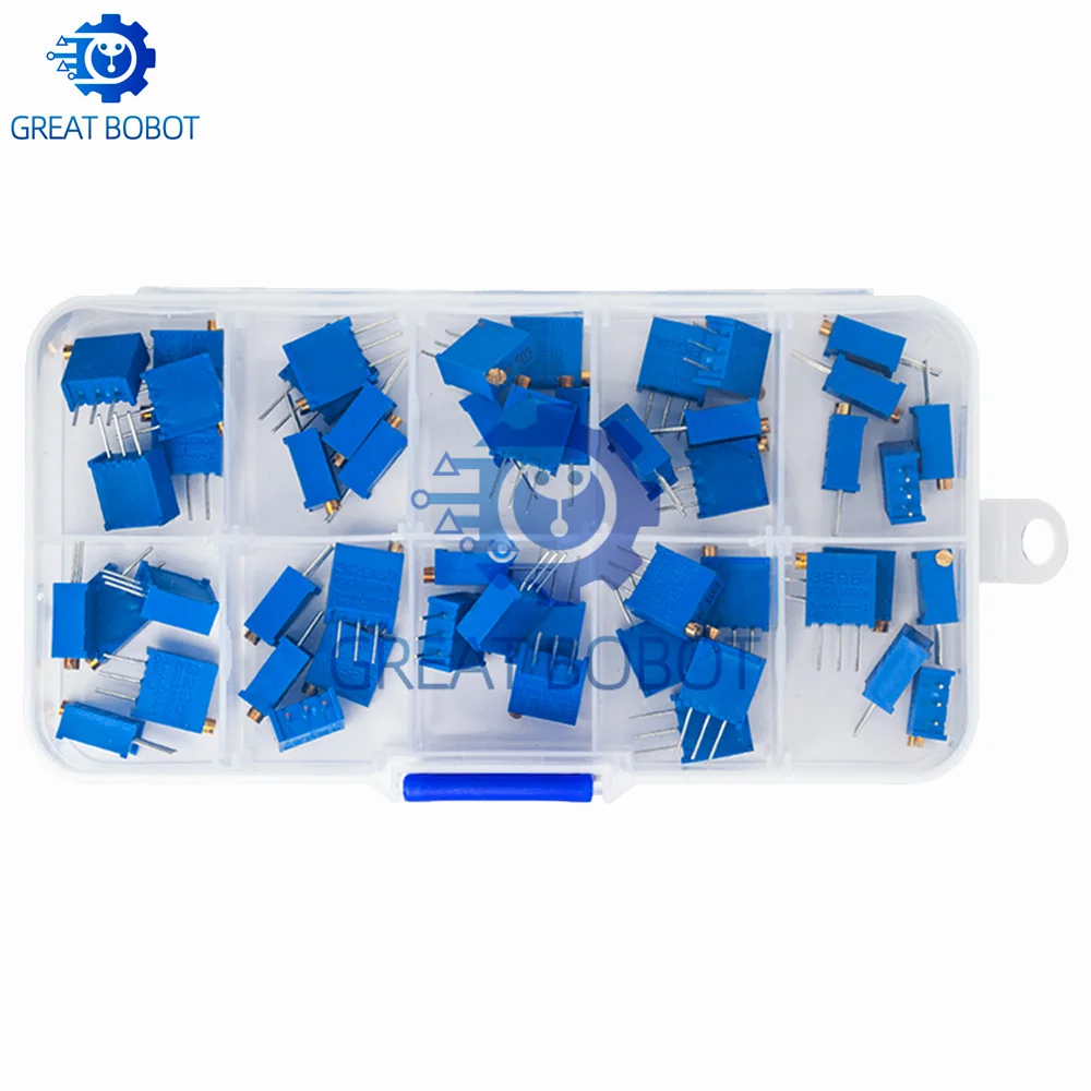 BS50PCS 3296W Multiturn Trimmer Potentiometer Kit - High Precision Variable Resistor (500Ω to 1MΩ) - Includes 1K, 2K, 5K, 10K