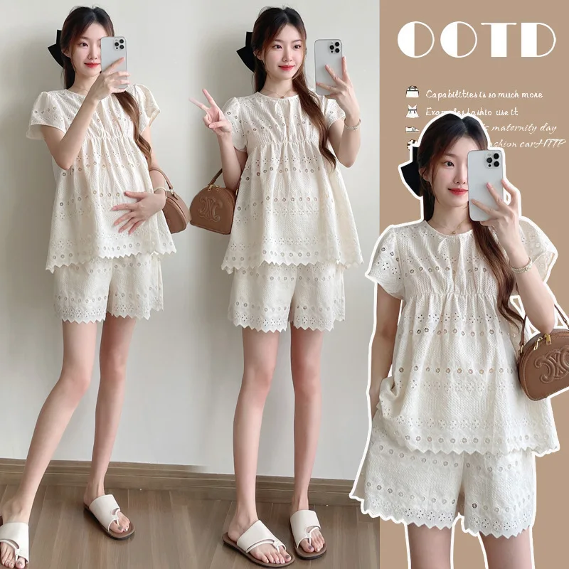 

Summer Maternity Set: Elegant Babydoll Blouse -Sophisticated Two-Piece Pregnancy Outfit with Delicate Cutwork Embroidery