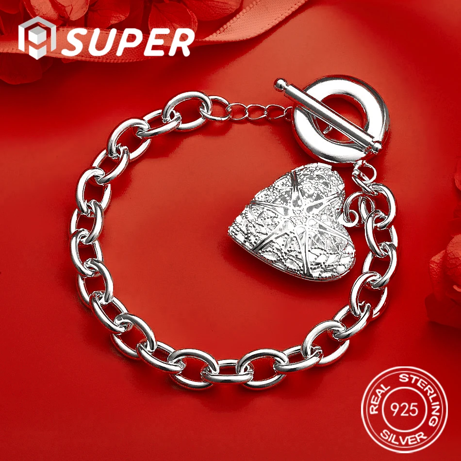 

ALISuper 925 Sterling Silver 8 Inch Beautiful Heart Pattern Bracelet Women's Wedding Jewelry Accessory