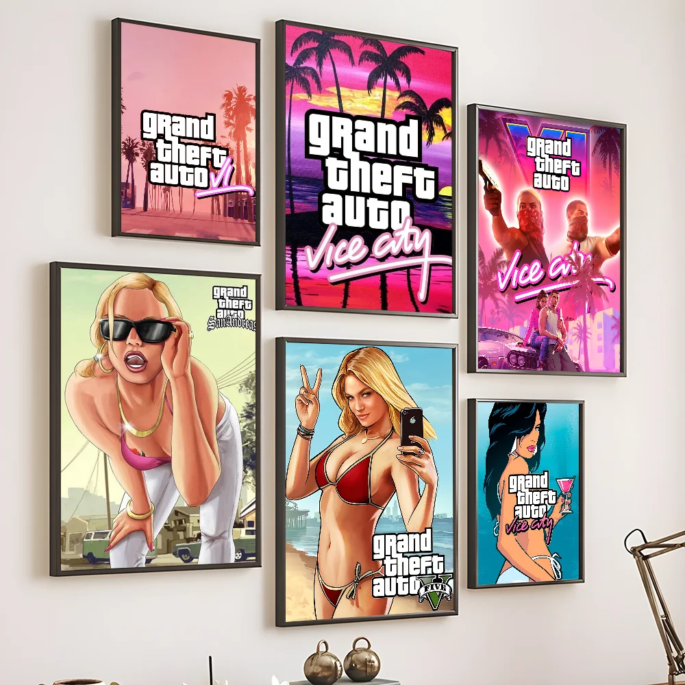 1pc Video Game G-GTA 5 G-Grand Theft Auto 6 Poster Home living room Wall Room Bed bedroom home decoration