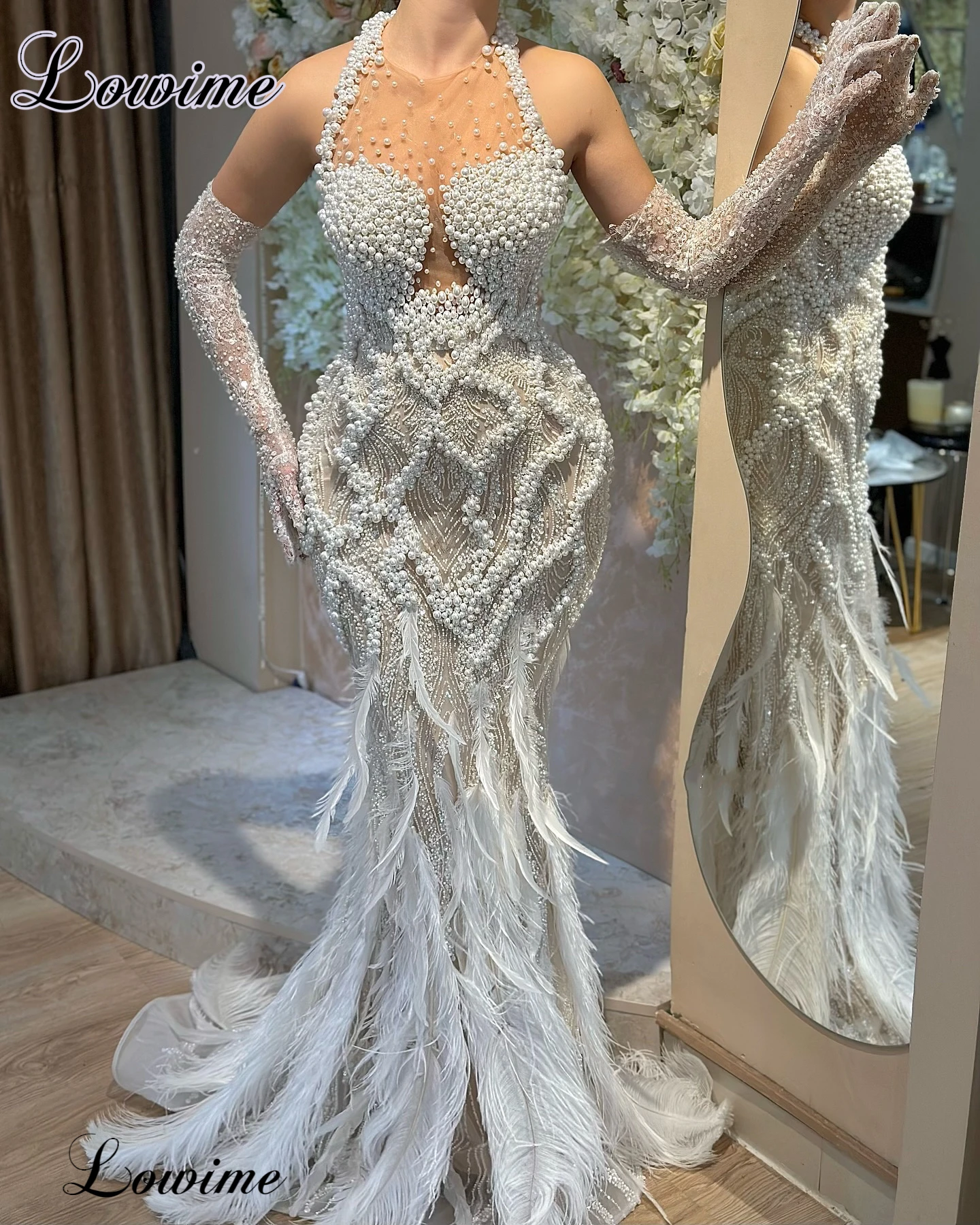 Luxury Cream Color Celebrity Dresses Mermaid Pearls Evening Dresses With Feathers Vestidos De Coquetel Red Carpet Runway Gowns