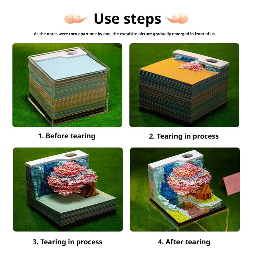3D Desk Note Pad Sakura Tree House Memo Pad LED Light Tear-Away 3D Art Note Pads Paper Carving Home Decoration