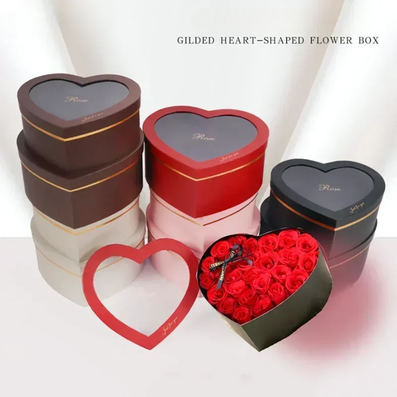 2piece Gold Heart-shaped Round Flower Boxes Hug Bucket Florist Gift Candy Packaging Bag Bouquet Holder Party Wedding Supplies