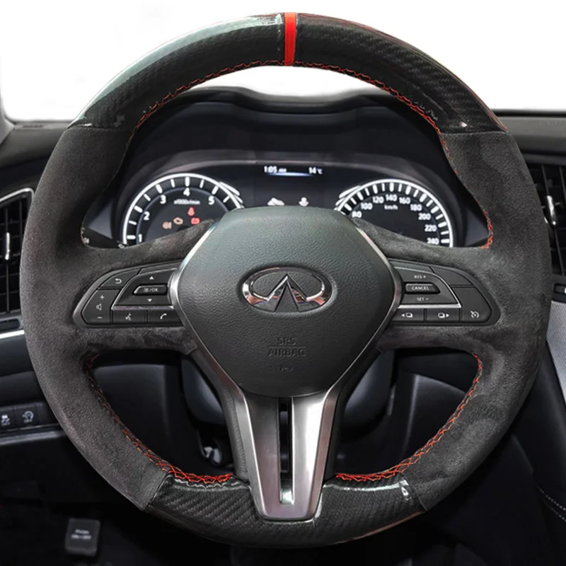 

For Infiniti Q50 2018-2020 Q60 2016-2020 QX50 2018-2020 Hand-Stitched Non-Slip black suede Carbon Fiber Car Steering Wheel Cover