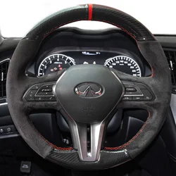 For Infiniti Q50 2018-2020 Q60 2016-2020 QX50 2018-2020 Hand-Stitched Non-Slip black suede Carbon Fiber Car Steering Wheel Cover