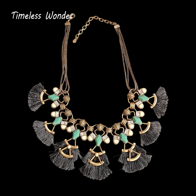 Timeless Wonder Retro Faux Stone Geo Tassel Pave Necklace for Women Designer Jewelry Runway Trendy Art Deco Vintage Sweet 4426