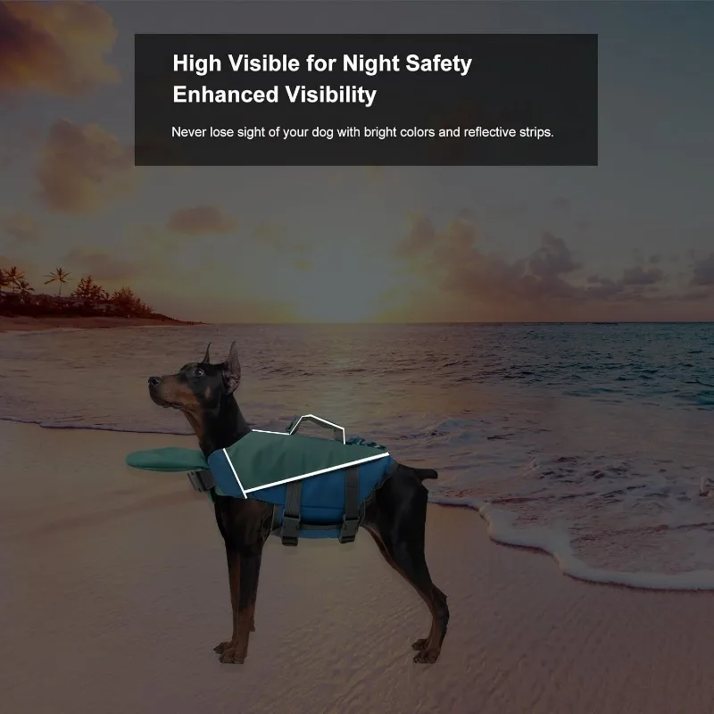 سترة نجاة للكلاب، سترة سمك القرش الآمنة للسباحة مع مقبض إنقاذ، سترة سباحة عائمة قابلة للتعديل للجرو والقوارب ومنقذة للحياة للحيوانات الأليفة