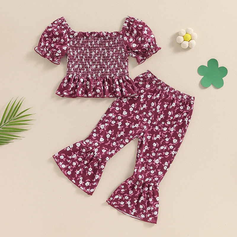 Toddler Girls Summer Outfits Floral Print Boat Neck Short Sleeve Off Shoulder Tops Elastic Waist Flare Pants 2Pcs Clothes Set