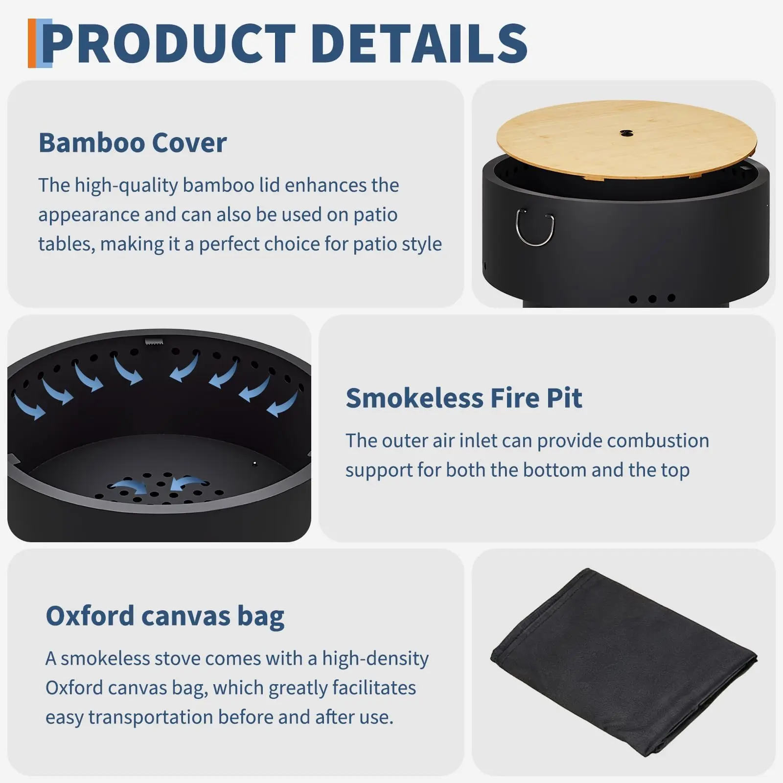 Smokeless Firewood Heating Outdoor Fire Pit - 30 Inch Portable Carbon Steel Fireplace with Removable Ash Pan, Fire Poker & Hardwood Top - Ideal for Backyard, Camping, and Picnics