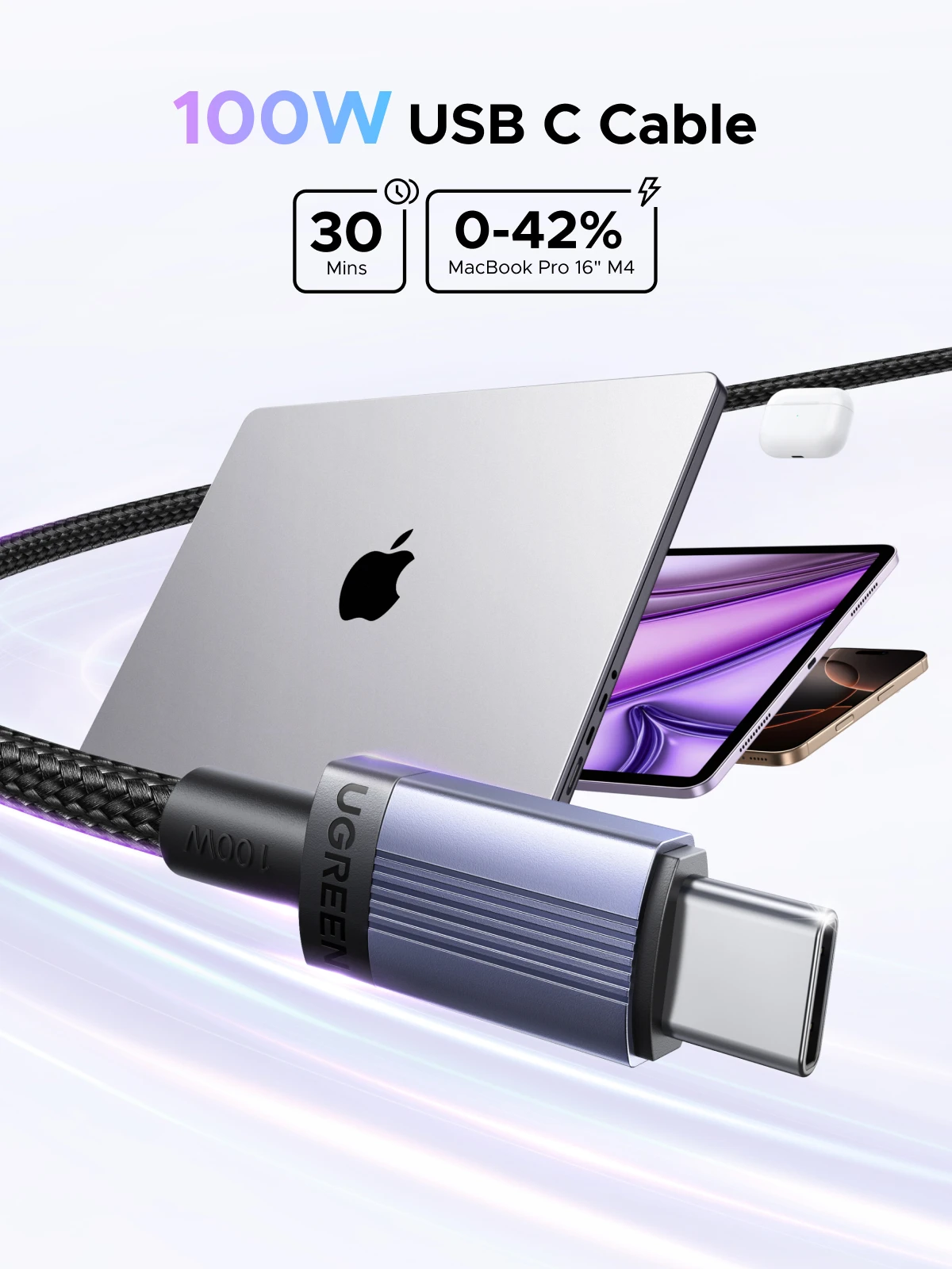UGREEN PD 100W Cable USB C Fast Charging Cable 5A for Laptop MacBook iPad iPhone 17 16 Xiaomi Samsung S25 Type-C Data Cord