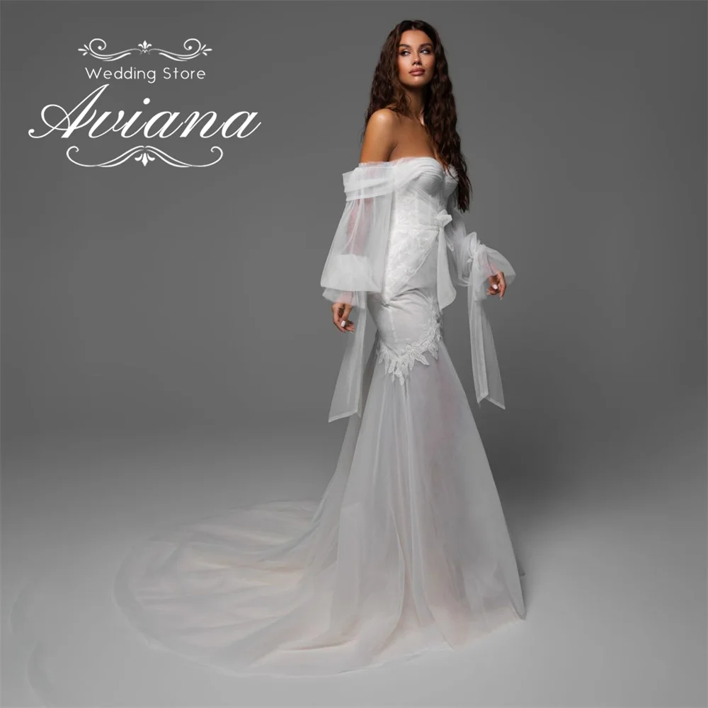 Aviana مخصص الحبيب حورية البحر فستان الزفاف القوس عارية الذراعين سويب تراين الجنية قبالة الكتف طول الأرض يزين الترتر