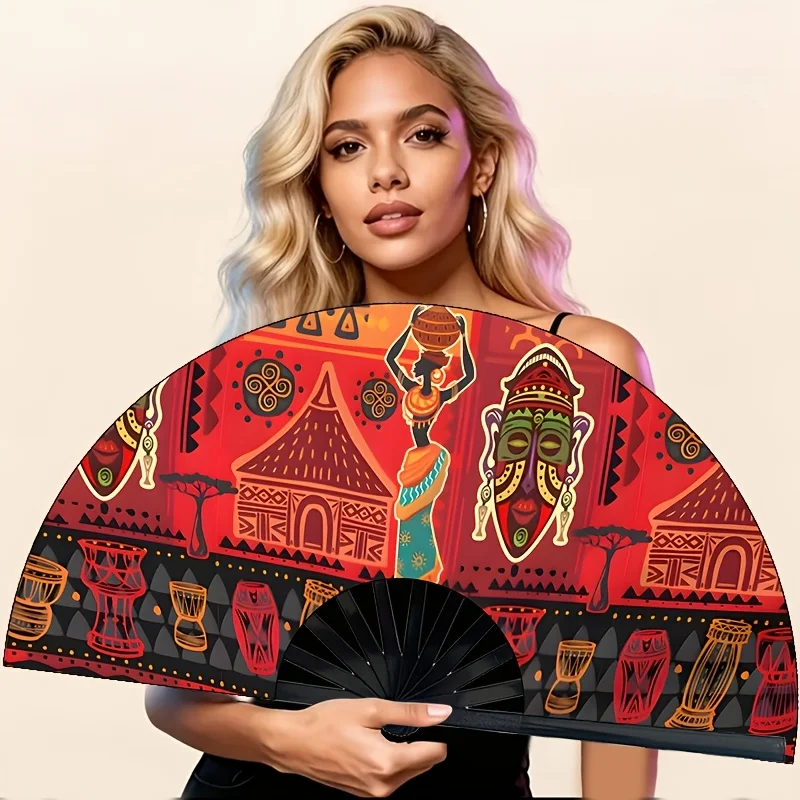 African Tribal Totem Printed Folding Fan, Exotic Ethnic Style Handheld Fan, Mask And Tribal Women Pattern, Suitable for Parties, Gatherings, And Large-scale Events.Summer Cool Handheld Fan