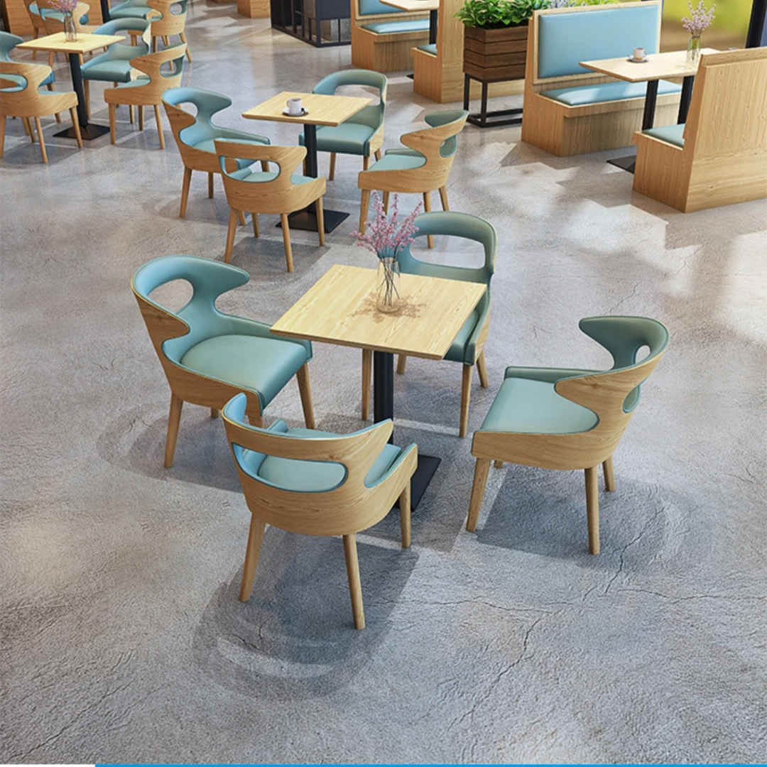 

@#Dining Table Set 6 Seater Solid Wood Frame Restaurant Tables and Chairs Leather Seat Sofa Booth Seating for Restaurant