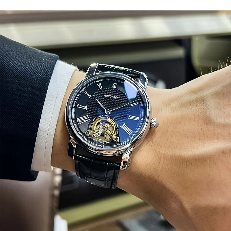 Luxury Men's Automatic Mechanical Watch - Stylish Hollow Design, Fashionable Business Casual Style, Alloy Case and Leather Strap, No Battery view 4
