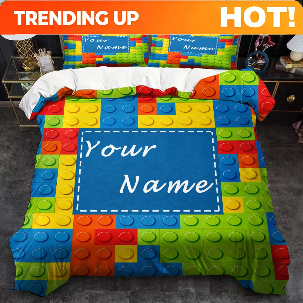Customize Custom 3pcs Personalized Name Print Duvet Cover Set, Colorful Building Blocks Forming a Playful Pattern with a Blue Ce