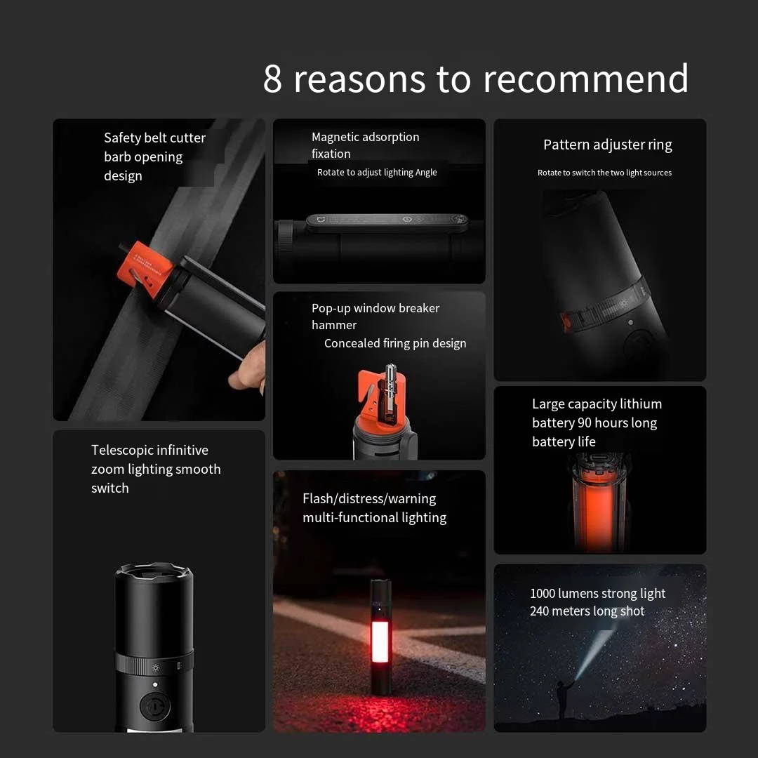 Mijia多機能懐中電灯ズーム機能付き超高輝度トーチ窓割り器安全ベルトカッターXiaomi車載緊急LEDライト