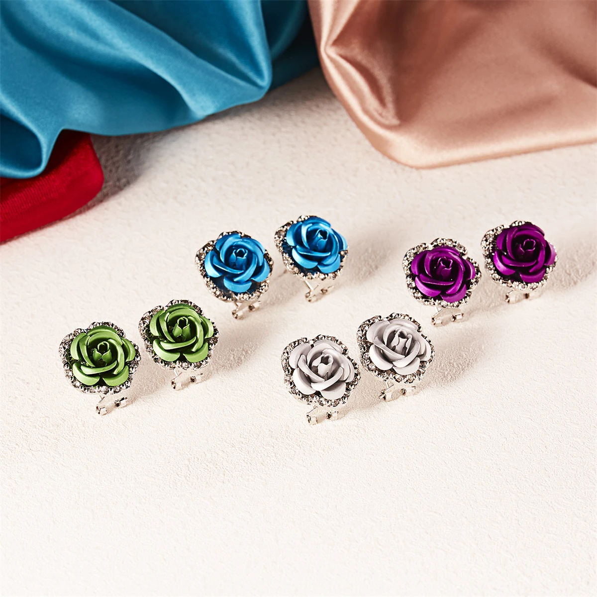 Fashion Rose Flower Rhinestone Stud Earrings For Women Blue Red Purple Round Bouquet Crystal Earring Wedding Jewelry Gift Brinco