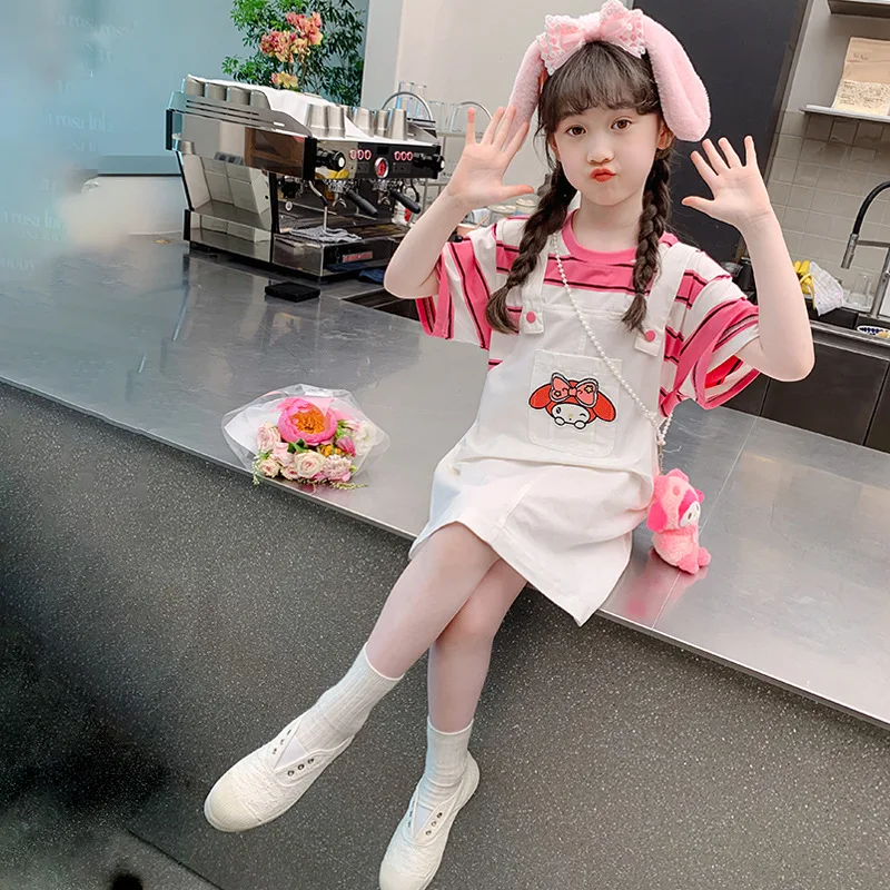 

2Pcs 2024 My Melody Girls Skirt Kawaii Sanrio Anime Summer Dress Cute Cartoon Children Fake Two Suspenders Skirt Tide Kid Gift