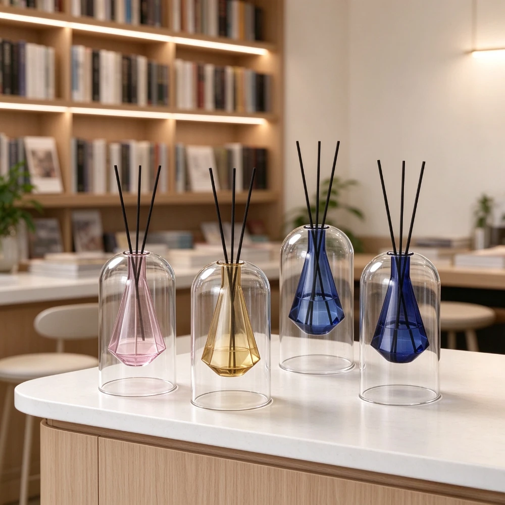 Double Layer Color Diamond Shape Reed Diffuser Bottle Glass Empty Aromatherapy Scent Bottle Home Bathroom Living Room Decor