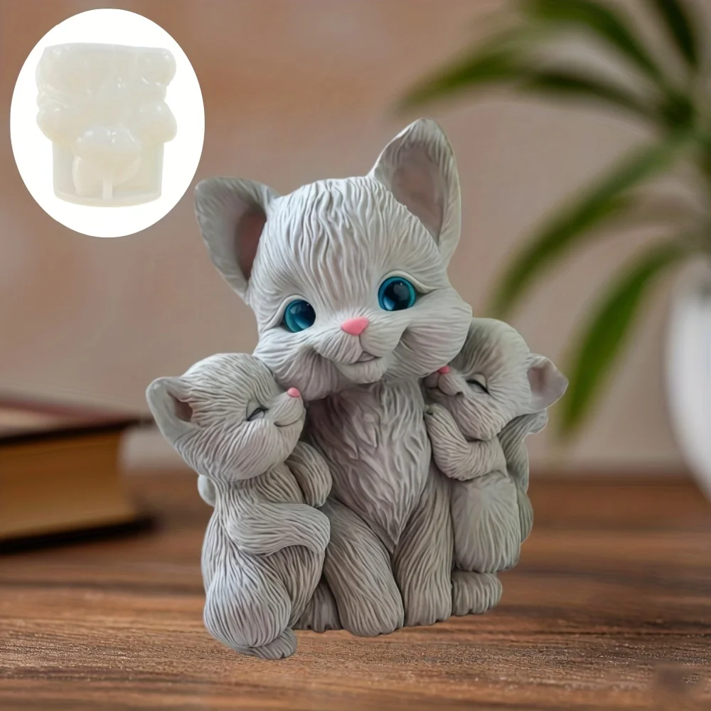 Cat Family Shape Candle Silicone Mold Cat Hug Kitten Shape Resin Silicone Mold Mother's Day Gift Cat Hug Gypsum Mold
