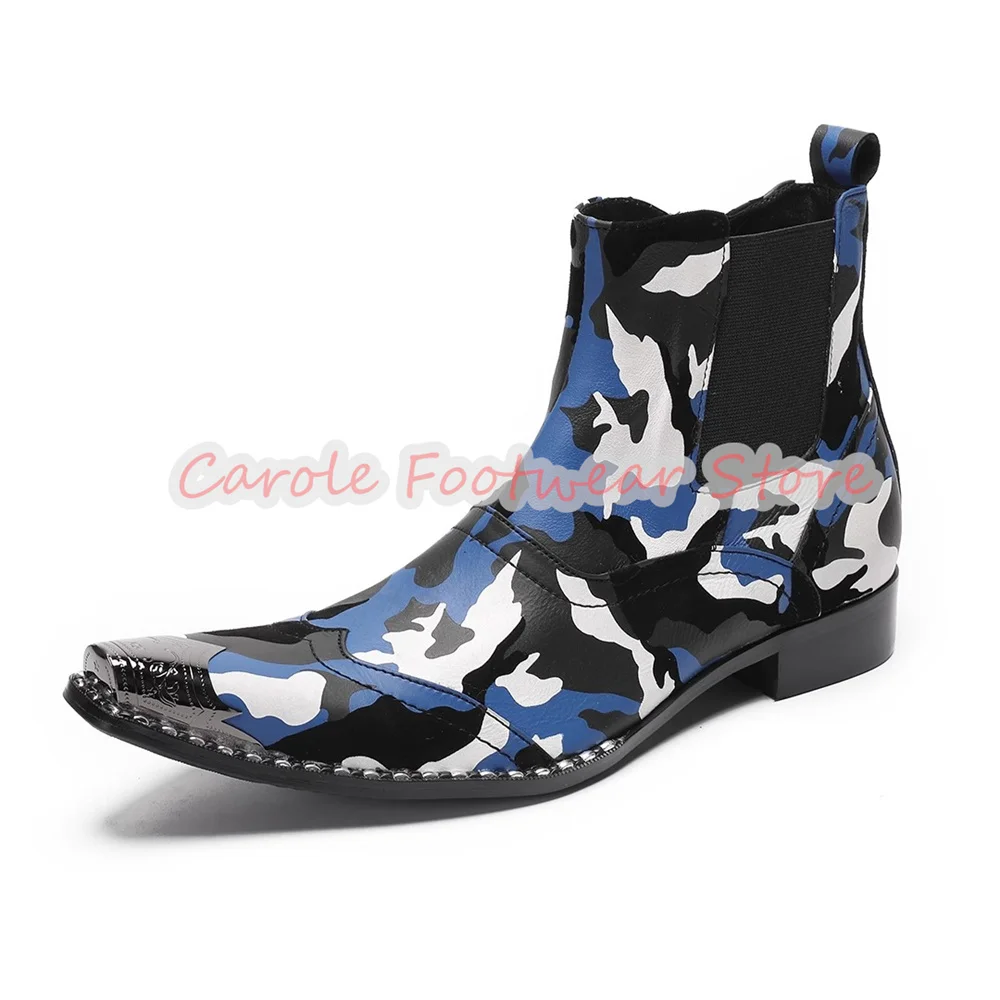 Fashion Mixed Color Prints Genuine leather Chelsea Boots for Men Rivet Decor Metal Square Toe Chunky Heel Boots Male Ankle Boots