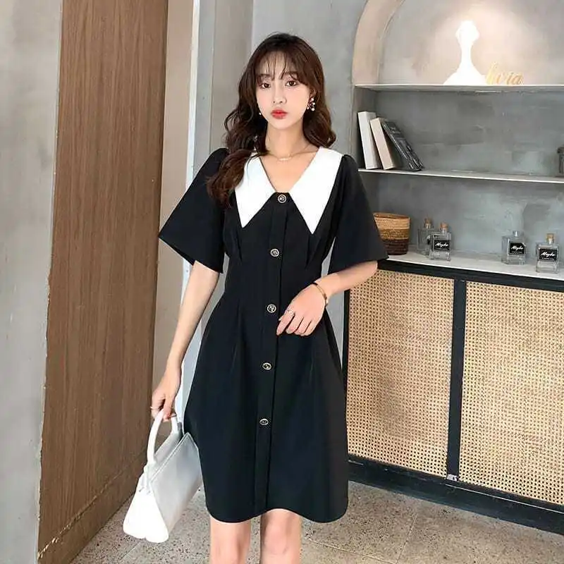 Plus Size New Cute Doll Collar Slimming A-line Dress Summer High Waist Mid Length Dress Fashion Sweet Style Womens Clothes