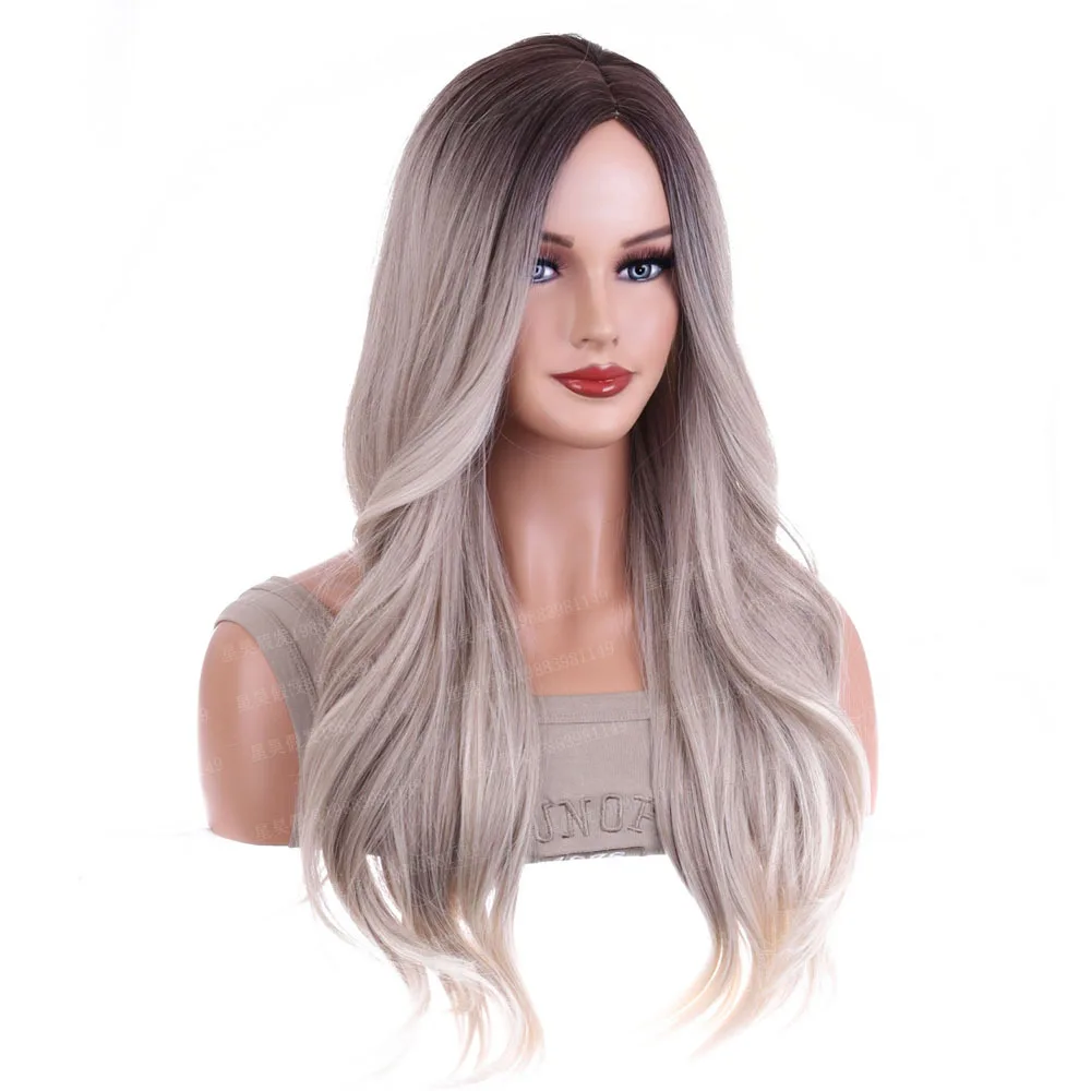 Parrucca di animazione della moda europea e americana con riflessi di colore nero grigio cambiamento graduale parrucca Harajuku COS capelli ricci lunghi femminili