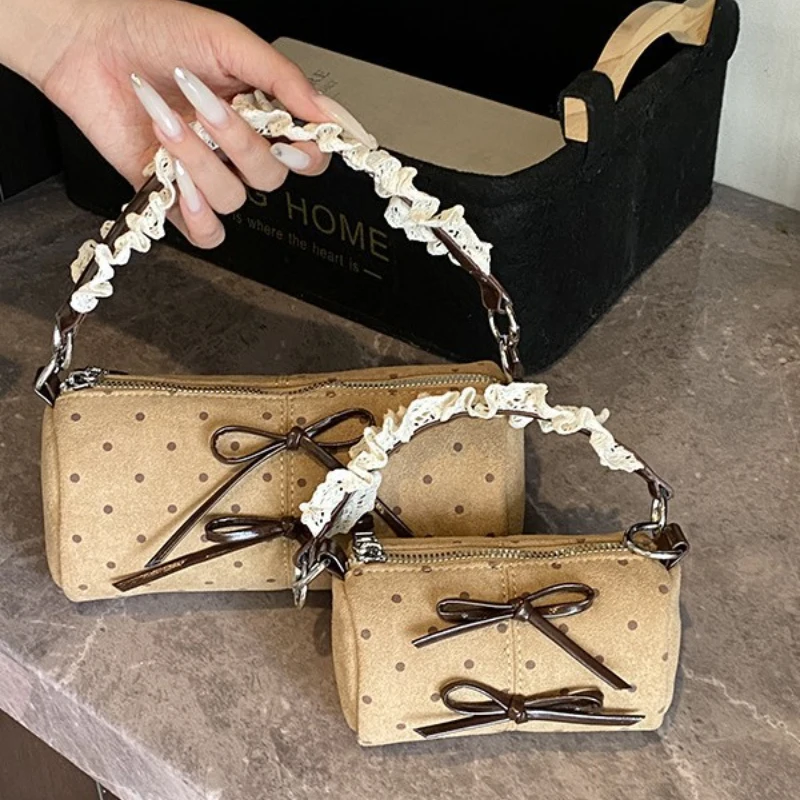 

Polka Dot Print Pillow-shaped Bag Korean Style Wave-patterned Shoulder Bags Girls Handle Bag With Bow New Cute Wallet Phone Bags