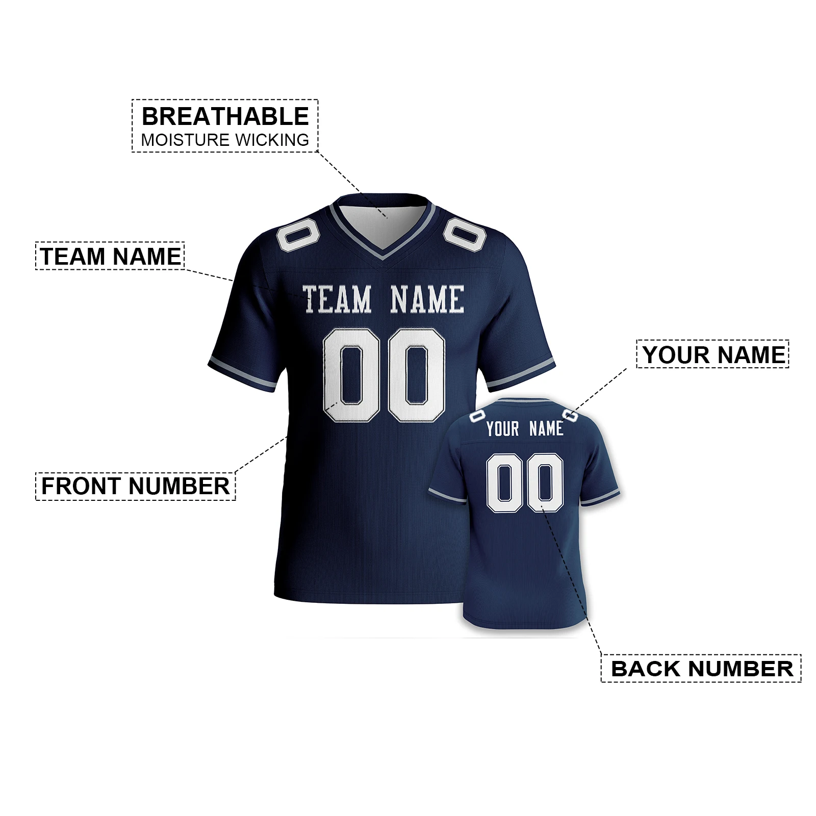 قميص كرة القدم الأمريكية المخصص لكرة القدم باللون الكحلي مع اسم رقم فريق كرة القدم للرجال والنساء والشباب والأطفال