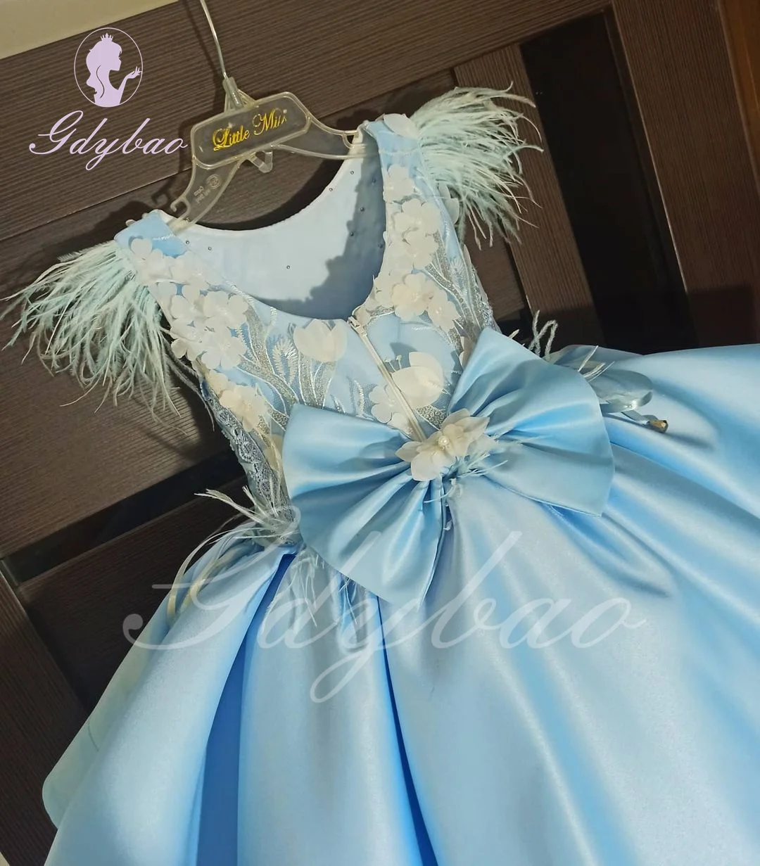 Vestido azul hinchado de flores para niña, apliques de satén para boda con lazo, vestidos de fiesta de princesa para primera comunión y cumpleaños para niños