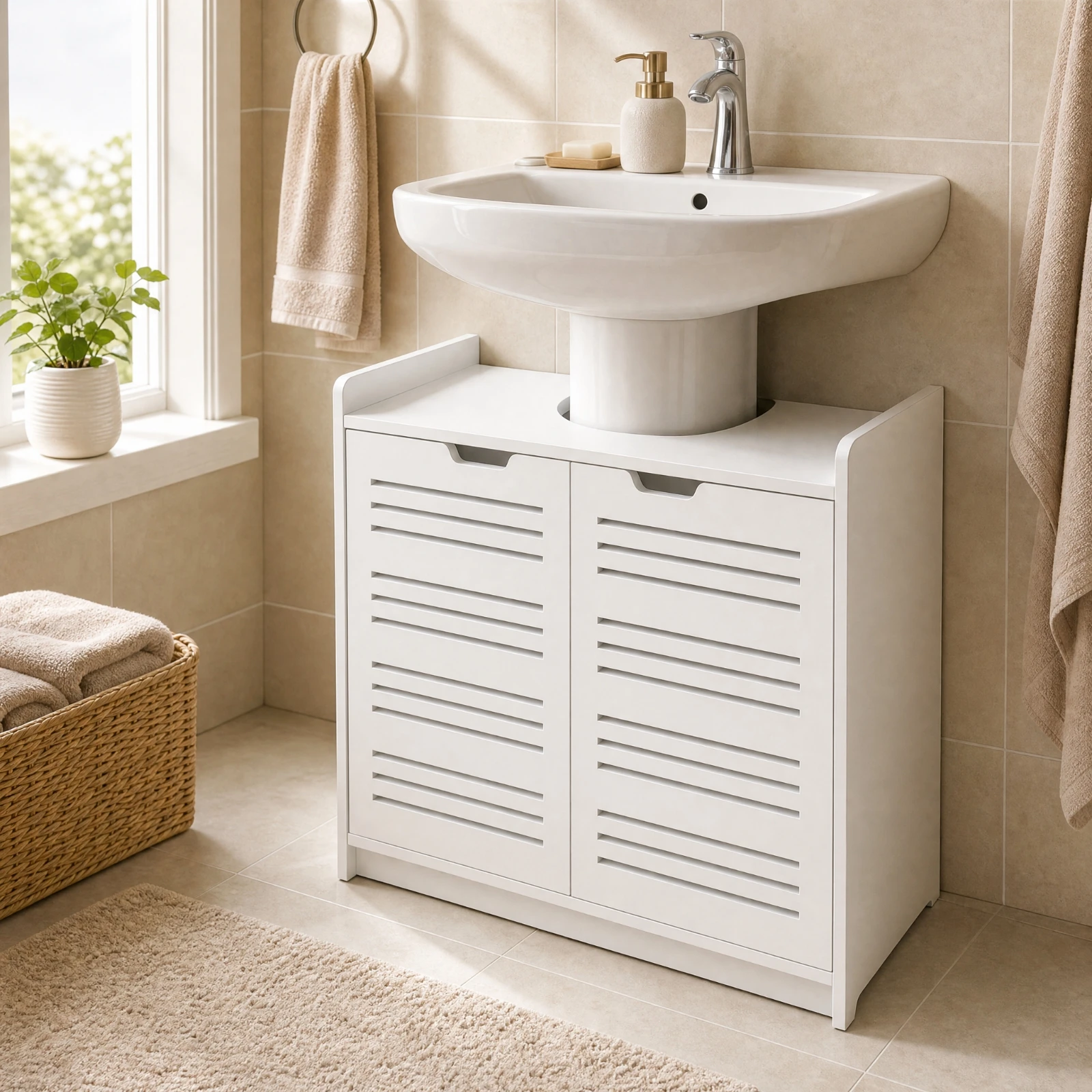 Bathroom Under-Sink Organizer Floor-Standing Washroom Storage Rack Cabinet with Slatted Doors Cupboard Slim for Toiletries Home