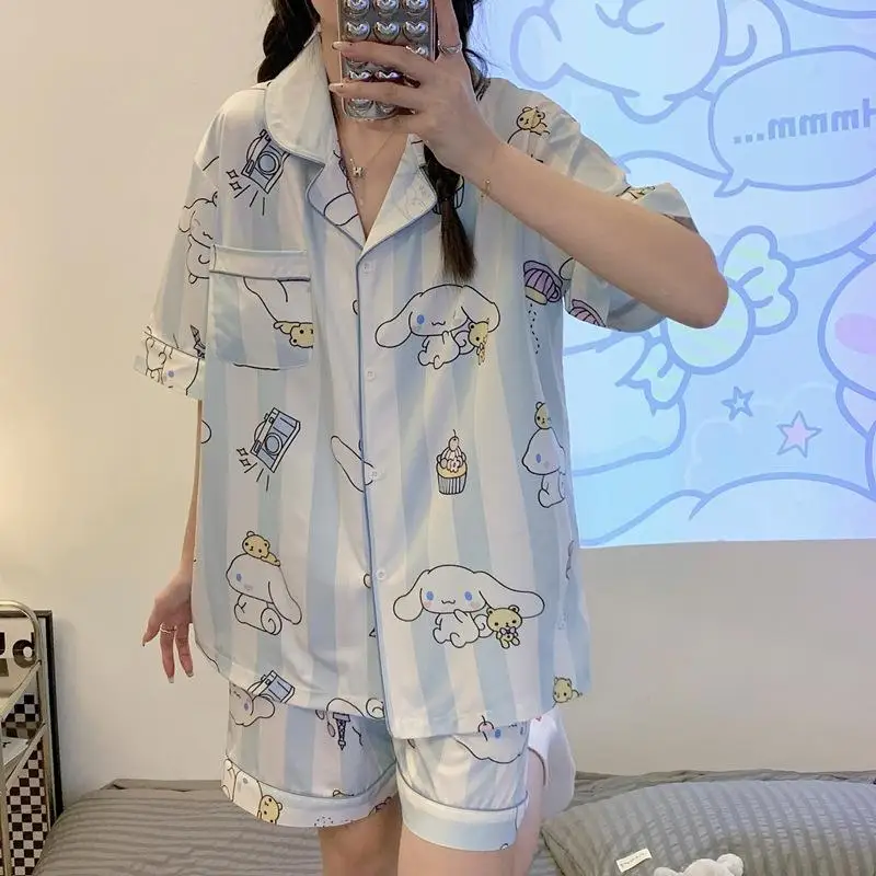 Sanrio Cinnamoroll Pajamas Anime My Melody Kuromi Summer Leisure Thin Short Sleeve Ms. Loungewear 2 Piece Set Pajamas Set