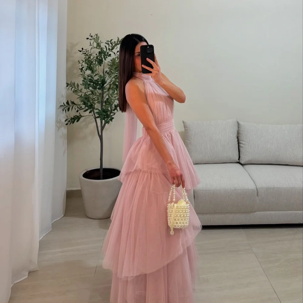 Bella Customized Multi-Layered A-line Mesh Fabric robes de soirée Halter Neck Sleeveless Party Dresses Ankle-Length Prom Dress image 4
