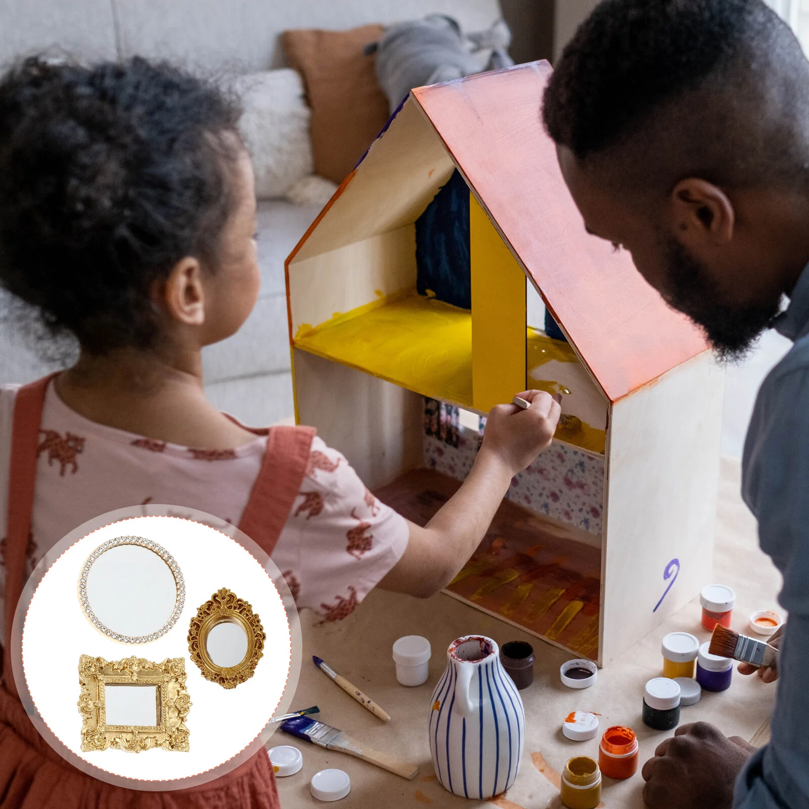 3Pcs Mini Classical Mirror Resin Material Scene Models Mini House Decor Vintage Small Mirror Scene Model