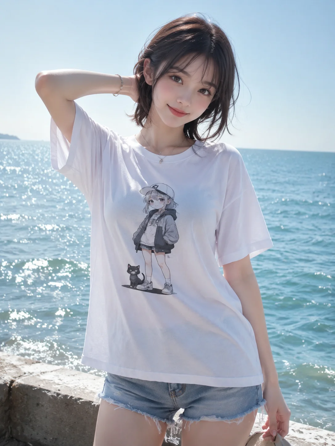 2026 Unisex Anime Girl & Black Cat Graphic T‑shirt Y2K Harajuku Streetwear Casual Loose Short‑Sleeve Summer Daily Wear Tee