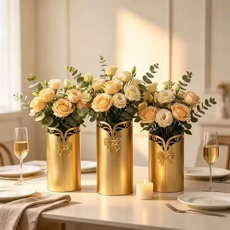 3pcs French Light Luxury Bow Metal Vase Straight Tube Gilded Flower Arranger Home Desktop Banquet Wedding Center Decorative