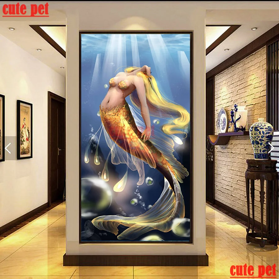 

large Golden mermaid 5D embroidery Diy full sets diamond painting CrossStitch round square diamond mosaic rhinestones Home Decor