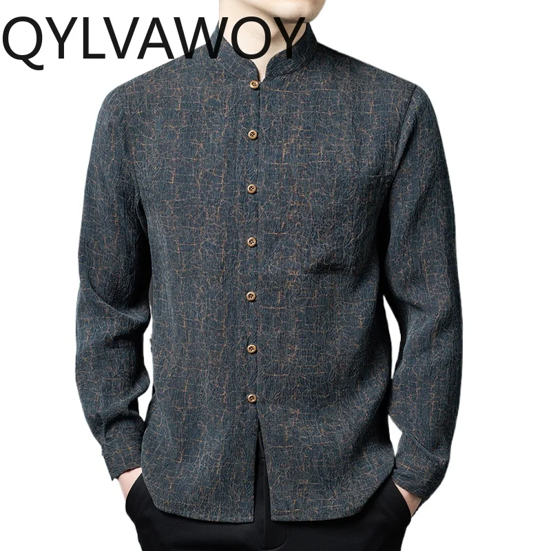 QYLVAWOY 100% Mulberry Silk Men's Shirts Spring Menswear Clothing Tops Long Sleeves Shirts Stand Collar Chinese Shirts for Man
