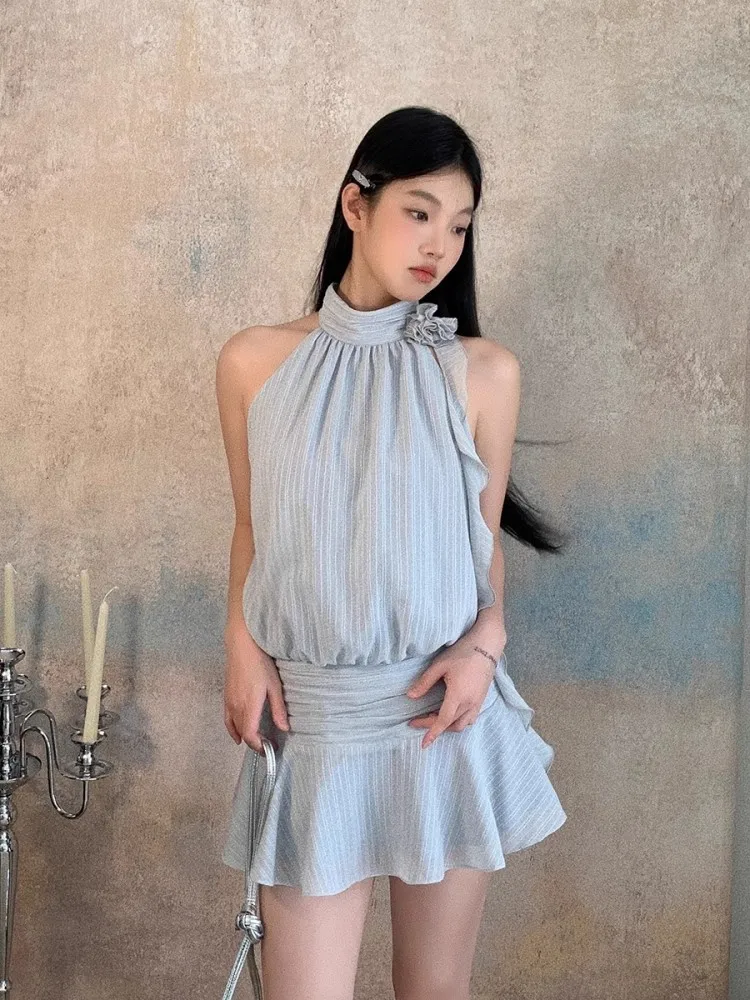 Blue Neck Hanging Dress For Women\'S 2024 Summer New Sleeveless French Style Temperament Stripe Design Sense Short Skirt