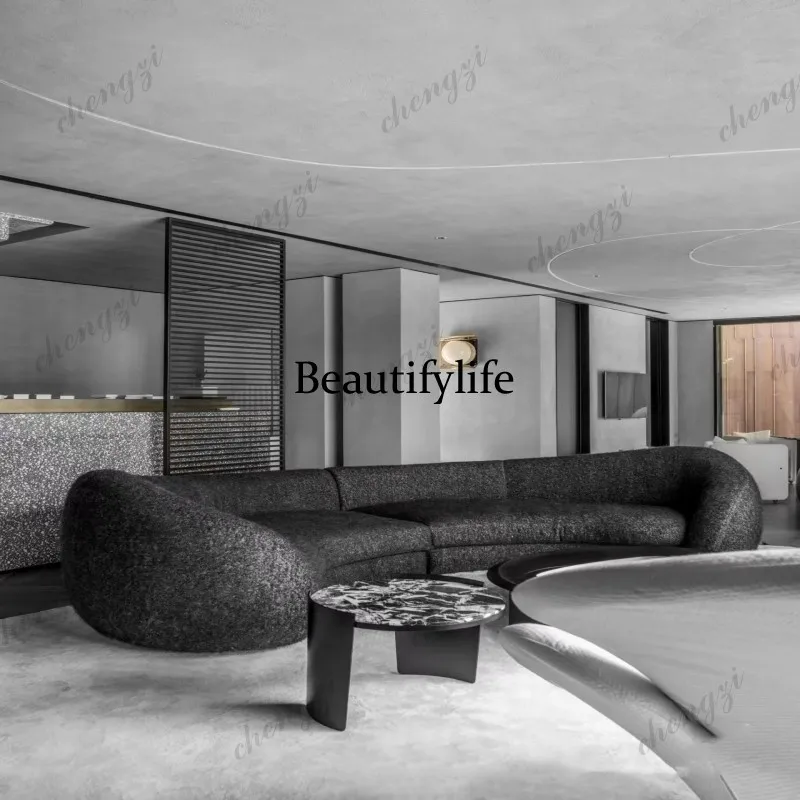 

Italian minimalist U-shaped curved three-person living room sofa Lamb wool hotel B & B beauty salon lobby sofa