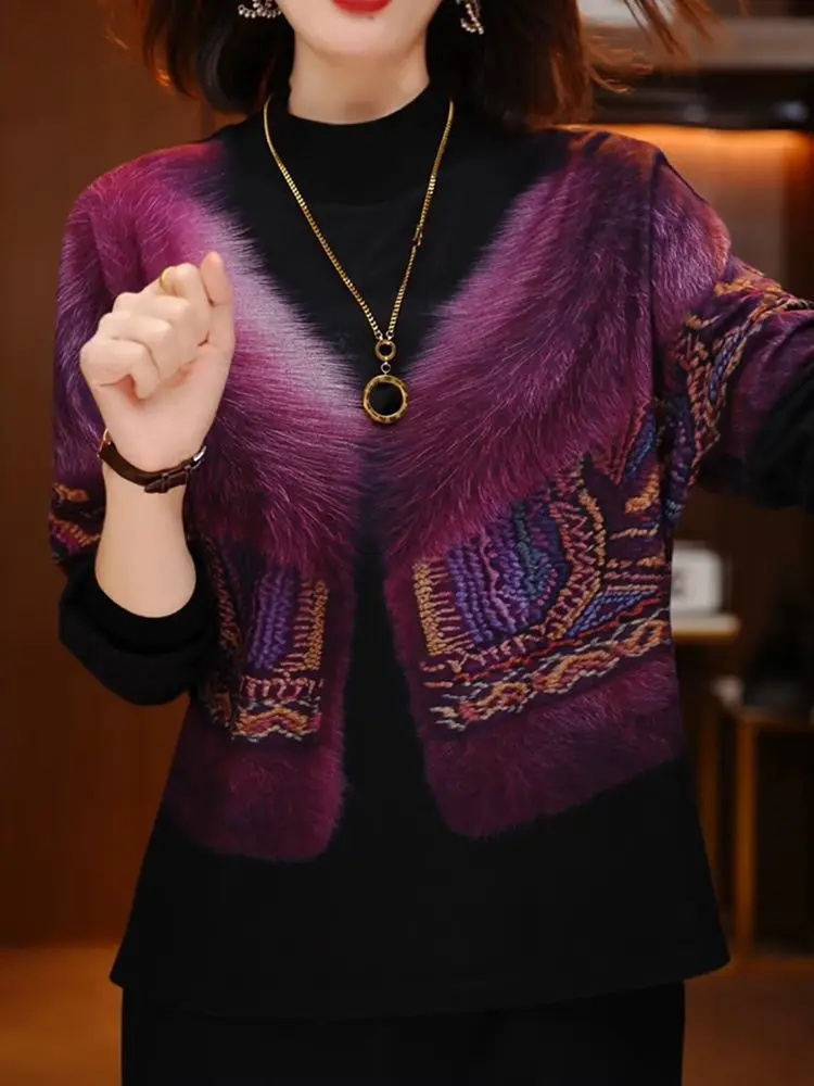 Autumn and Winter New Fashionable Western Printed Small Shirt Top Korean Edition Fashionable Luxury with Fleece Warm Base Coat