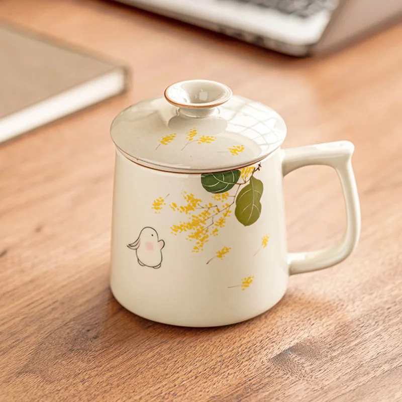 Hand-painted Golden Osmanthus Moon Rabbit Tea Cup Personalized Office Tea Water Separated Mug with Lid Home Ceramic Cup Gift Box