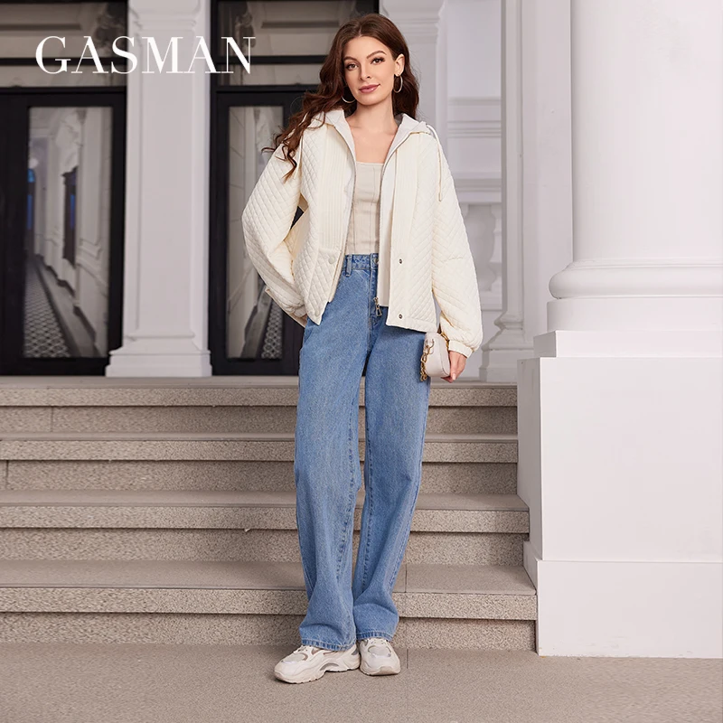 Gasman-jaqueta curta com capuz feminina, à prova de vento e quente, casual, com design emendado, 80365, primavera, 2024