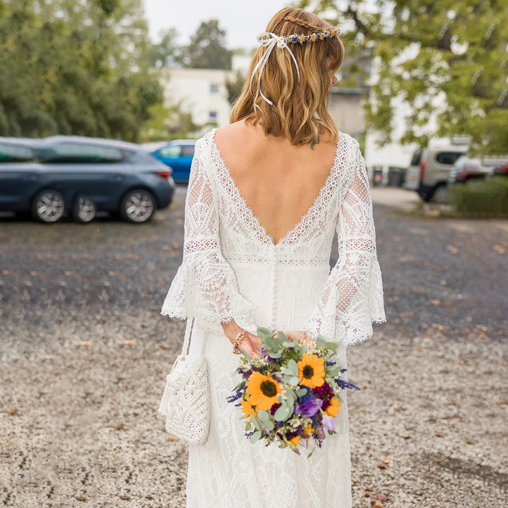 Elegante boho manga longa sino renda bainha ao ar livre praia vestido de casamento sem costas plus size rústico vestido de noiva 4219 personalizado